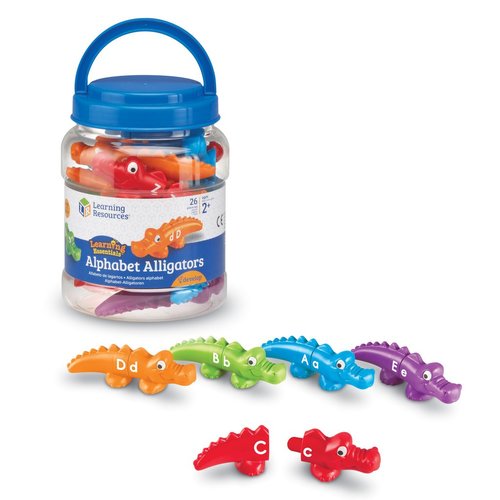 Alphabet Alligators - Reinforce letter recognition and color matching. Each side of every gator is marked with an upper and lowercase letter on the head and tail. They easily snap together and pull apart to develop fine motor skills and teach matching. 13 sturdy plastic heads and 13 tails, marked on both sides to include all 26 letters of the alphabet. For ages 18 months +.