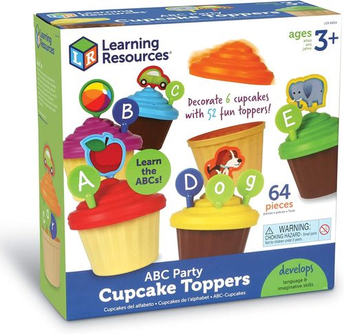 ABC Party Cupcake Toppers - DECORATE 6 pretend cupcakes with 56 letter and picture cupcake toppers! LEARN early language skills: alphabet, beginning sounds, vocabulary, and more! SERVE these fun toy cupcakes at tea parties and during games of pretend! STORE cupcake toppers inside of cupcakes for easy clean-up! Perfect for 3+ years.