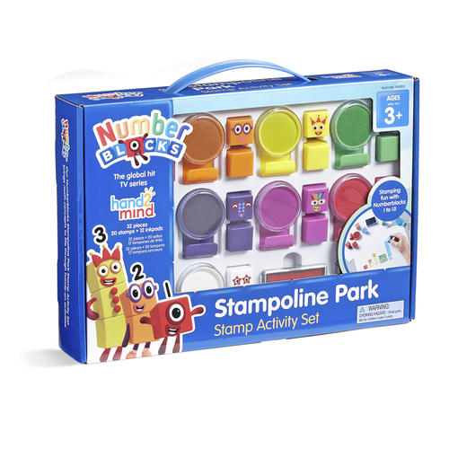 Number Blocks Stampoline Park - NUMBERBLOCKS AS SEEN ON TV: Recreate the popular Stampoline Park episode at home or in the classroom with this arts & crafts stamp set that comes with 20 reusable stamps and 12 ink pads with washable inks in the Numberblocks colours NUMBERBLOCKS-THEMED RUBBER STAMP SET: Perfect for arts & crafts, the Numberblocks Stampoline Park has 1 face and 1 blank square for each of the Numberblocks One to Ten; use the large red and black ink pads to create facial expressions EASY STORAGE: The reusable stamps wipe clean after use, and the stamps and ink pads store neatly in the storage box with convenient carry handle GIFT FOR 3 YEAR OLD GIRL & BOY: The Numberblocks Stampoline Park Activity Set is an ideal gift for kids ages 3 INCLUDES: This 32-piece set includes 20 reusable stamps and 12 ink pads with washable inks