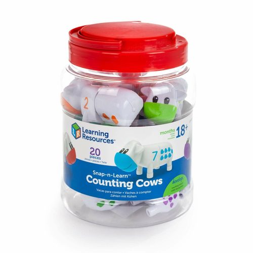 Counting Cows - Builds early maths skills in a snap! Matching activities develop number and shape recognition. Cows can be matched by colour for pre-counting activities. Improves hand-eye co-ordination and fine motor skills. Set includes handy storage .