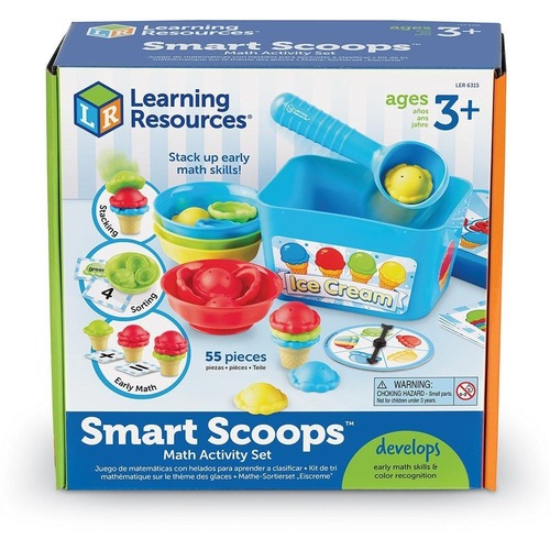 Smart Scoops Math Activity Set - Sorting activities encourage colour and number recognition while scooping builds fine motor skills Reinforces a variety of early maths skills on 23 double sided cards featuring numbers, operations and patterns Includes 53 pieces that all store securely in the ice cream tub with lid Activity Guide includes 7 fun and engaging activities Suitable for ages 3+