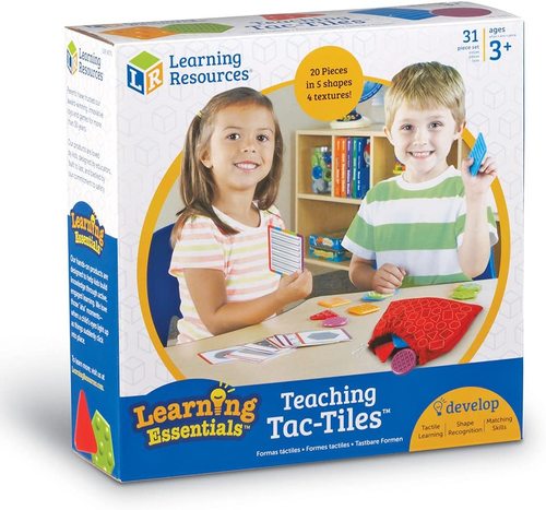 Teaching Tac-Tiles - Develop Tacttile Learing, Shape Recognition and Matching Skills. Colorful, engaging pieces with rich textures (smooth, bumpy, ridged, and rough) provide a great way to engage a child’s senses and strengthen fine motor skills Great tactile play for kids with special needs Set includes 20 easy-to-clean plastic pieces (5 shapes with 4 different textures each), 10 activity cards, and drawstring storage bag; shapes measure 2”h Great for any toddler ages 3+