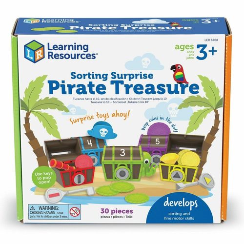 Sorting Surprise Pirate’s Treasure - Unlock the colourful toy surprises hidden inside each pirate treasure chest Discover new colour and shape identification skills with every turn of the keys Build sorting and matching skills with 15 pirate treasure coins Store your pirate treasure inside the chests when playtime’s done.