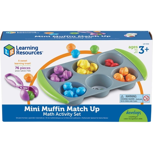 Mini Muffin Match UP - Learn color recognition, matching, sorting, counting, and early math skills with these Mini Muffins , Through the Squeezy Tweezers the child increase fine motor skills. Hone skills needed for writing by improving the fine motor pincer grasp.Includes 1 muffin pan, 2 dice, Squeezy Tweezers, 12 double-sided sorting circle inserts, 60 mini muffin counters, and activity guide.Suitable for toddlers 3 yrs. and above.