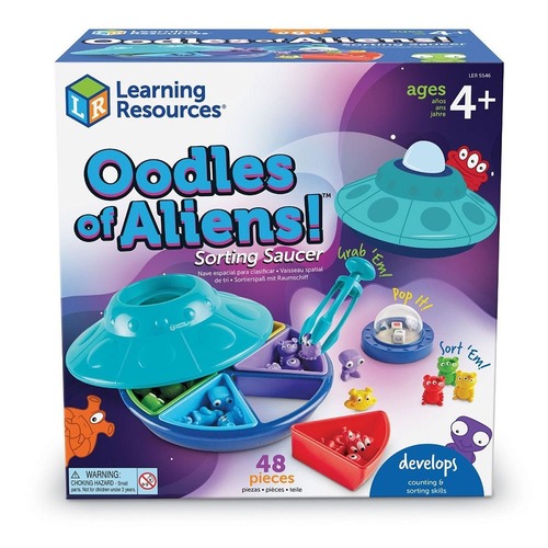 Oodles of Aliens Sorting Saucers - SORT & PLAY: Use the Oodles of Aliens Sorting Saucer in the classroom or at home; It’s ideal for learning about colours, numbers, patterning, sorting, and grouping. BUILD FINE MOTOR SKILS: When children use the Tri-Grip Tong to lift the squishy tactile alien counters, they build fine motor skills. PENCIL GRIP PRACTISE: The Tri-Grip Tong is perfectly-sized for little hands and features comfortable grooves that guide children’s fingers into the pencil grip position. POP THE DICE: Removable dice popper on the flying saucer makes this ideal for children as young as age 3; Use in the classroom or at home for sorting activities. INCLUDES a 2-piece spaceship with sorting trays, popper top with colour and number dice, Tri-Grip Tong, 30 colourful, squishy, alien counters, and a game board.