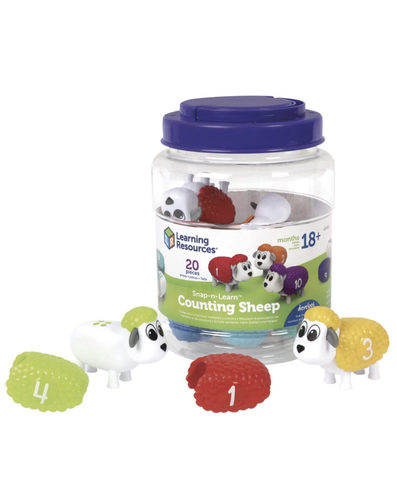 Counting Sheep - Count up new number and color skills with these adorable sheep toys! Match the number sheep’s colorful wool to the dots printed on their backs! Build fine motor skills with the sheeps’ snap-on, snap-off wool! Store your number sheep in their reusable plastic storage bucket! For toddlers ages 18 months+