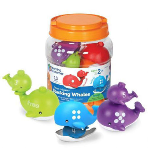 Stacking Whales - Develops fine motor skills in young learners aged 2+ Reinforces number and colour recognition Great for imaginative play and early counting practice Perfectly sized for little hands Set of 15 stacking whales includes useful storage tub