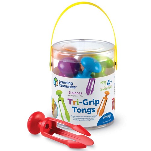 Tri-Grip Tongs - Strengthen pencil grip skills without the need for a pencil using Tri-Grip Tongs Build hand muscles and fine motor skills with these three-prong tongs’ intuitive grip Set of six tongs is ready for play in the home or classroom Practise by picking up toys, counters and other objects Store your tongs in the reusable plastic bin