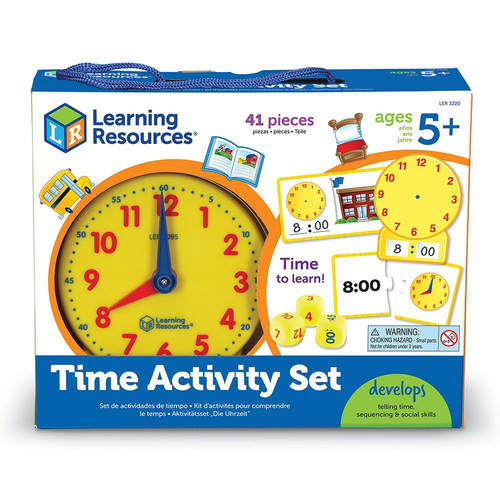 Time Activity Set - SKILL DEVELOPMENT: Telling time, Time matching (analog and digital), Writing time (analog and digital), Problem solving, Fine motor skills, Self-help LEARN to identify the hour and minute hands, learn the difference between analog and digital time, identify time to the hour, half hour, and more! A hands-on activity kit that turns Learning into a game. 41-Piece Set includes plastic clock with movable hands, write & wipe clock, 24 double-sided analog and digital puzzle cards, 12 double-sided, write & wipe daily activity cards, 3 time dice plus activity guide. Homeschool supplies ages 5+.