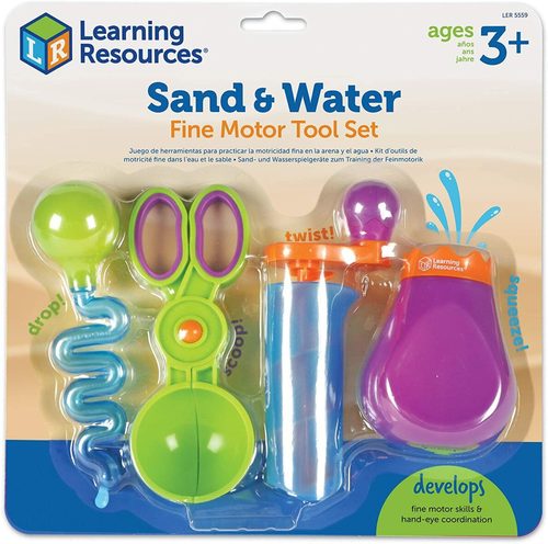 Sand & water Fine Motor Tool Set - Strengthens the muscles needed for writing Develops fine motor skills through water and sand play Great for water tables, sand pits, the bath and the beach! Includes Squeeze Bottle, Scissor Scooper, Twisty Dropper and Water Spinner Suitable for ages 3+