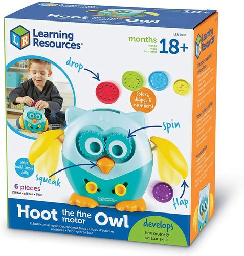 Hoot The Fine Motor Owl - MEET your new fine motor friend! BUILD hand strength, coordination, scissor skills, and other fine motor essentials! FOUR hands-on fine motor activities – flap, squeak, twist, and more! LEARN colours, shapes, and numbers with Hoot’s four coins! Ideal for 18 + months