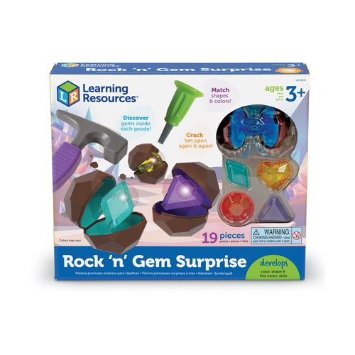 Rock N Gems Surprise - Crack open play geodes with the hammer and chisel to reveal colorful surprise gems again and again! Use the activity set to build sorting, matching, and counting skills with gems in 8 colors and 4 shapes! Plastic geodes with play hammer and chisel introduce toddlers to geology without the hassle of clean-up! Store your treasures inside the included drawstring bag! Great educational toy for toddlers ages 3+.