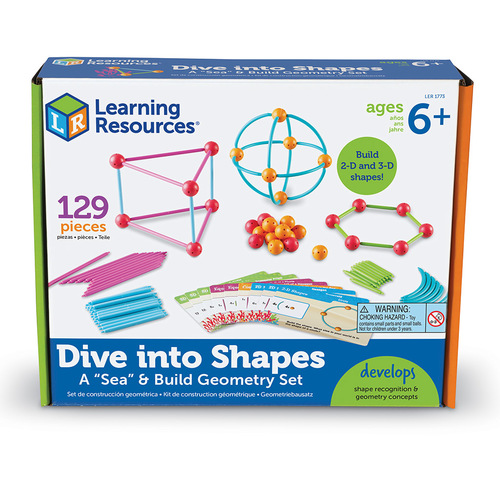 Dive into Shapes! A Sea and Build Geometry Set - Sea-themed geometry set with 2-D and 3-D shapes. Allows children to build their very own 2-D and 3-D geometric shapes. Colourful activity cards guide children through a variety of exercises. Sticks and curves are made of soft, durable plastic. Includes 80 sticks and curves, 40 connectors, and 15 double-sided activity cards.