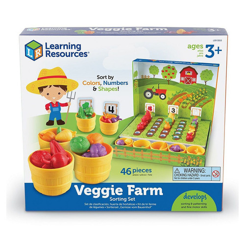 Veggie Farm Sorting Set - HELP kids grow color recognition, matching, and early counting skills with this garden-themed sorting set. Fill bushel baskets with figures representing veggies, from corn and broccoli to onions and pumpkins Playmat with farm signs includes images of essential colors and shapes Take playsets on the go or make clean-up easy with a convenient fold-up carrying case For toddlers ages 3+ Yrs.