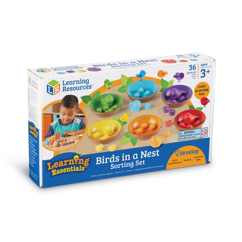 Birds in a Nest Sorting Set - Colorful sorting set introduces kids to number, pattern and comparison skills as they play. Birds come in two sizes and six vibrant colors (red, orange, yellow, green, blue, and purple), so they’re easy to sort, match, and count. When playtime is over the bowl-shaped nests stack for easy storage. Set of 36 includes 24 baby birds in 6 colors, 6 momma birds, 6 color nests, and an Activity Guide. Great for any toddler ages 3+ yrs.