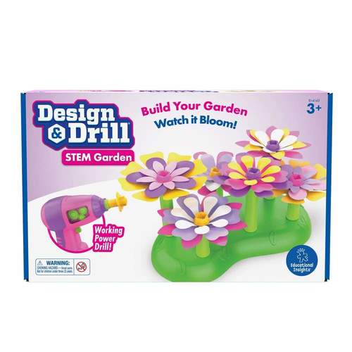 Design and Drill Stem Garden - Place the stems, select and stack the petals, and use the kid-friendly drill toy and bolt them in and watch the petals “bloom”. Great S.T.E.M. toy to encourage building and early engineering Kids can experience the thrill of the drill as they pair the perfect color combinations of petals and bolts to build their garden Little ones learn the basic of simple construction and engineering while building fine motor skills with tools designed just right for little hands INCLUDES: Kid-safe power drill, 10 colorful bolts, garden base, 6 flower stems in various sizes, and 18 stackable petal pieces. Drill requires 3 AAA batteries (not included). Perfect toy for kids 3 years and above.