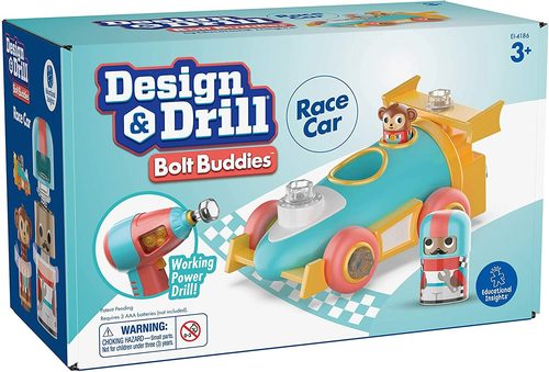 Design and Drill Bolt Buddies Race Car - Kids use a real, working, kid-safe toy drill to build the race car, then drop the Bolt Buddy driver and his monkey pit crew pal into the driver’s seat for some revved up pretend play fun. Great way to introduce early STEM play by introducing tools to design and build. BUILD FINE MOTOR SKILLS: Little ones learn the basic of simple construction and engineering while building fine motor skills with tools designed just right for little hands throw the box away, it’s part of the play! Bolt Buddies packages unfold to become fun play sets, a step towards being sustainable and eco-friendly INCLUDES: Kid-friendly power drill toy, race car with 6 parts, 9 bolts, and 2 Bolt Buddy figures. Drill requires 3 AAA batteries (not included). Drill patent pending.