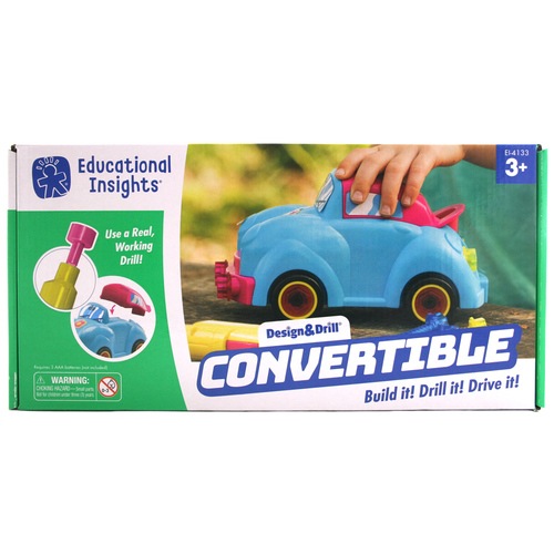 Design and Drill Convertible Car - Let’s get building! Kids power up their imaginations and build coordination skills as they drill & play using the toy power drill and Super CUTE convertible car. Complete the look with the included Decorative stickers. Introduce your little builders to STEM and basic engineering as they sort, count, and map their way to construct the toy convertible car Twist the bolts and aim the drill to develop the fine motor skills needed to tie shoes and hold a pencil includes 15 bolts, car body, 6 snap on parts, decorative stickers, and a toy power drill for hours of construction and building fun. Requires 3 AAA batteries (not included).