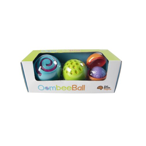 Oombee Ball - Set of textured, tethered balls that open up and nest inside each other Encourages sensory exploration, tactile learning, fine motor skills, spatial reasoning A cleverly innovative early-learning experience! Each sphere engraved with vivid textures – Dots, lines, ribs, swirls All parts are tethered together with short, safe tethers Features 4 spheres that fit inside one another – Smallest sphere does not open up High-quality materials and construction – Lasting durability and safety. Perfect for kids aged 10 months and above.