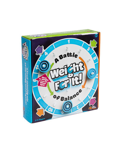 Weight For It - A HEAD-SPINNING MIX OF STRATEGY AND PHYSICS! Guess how much the weights will affect the wheel! TAKE TURNS ADDING WEIGHTS TO THE WHEEL; Try to align the correct arrow with the correct number. BRAINY FUN FOR AGES 8 AND UP; Challenging for the whole family; Sturdy materials, quality gameplay. SPATIAL REASONING, LOGIC, PROBLEM-SOLVING, critical thinking; A creative brain challenge! INCLUDES WHEEL BOARD, 9 WEIGHTS IN 3 SIZES, 20 game cards; Easy rules, simple packaging. Perfect for Kids 8+ years.