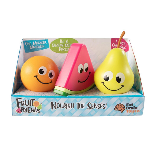 Fruit Friends - Set of 3 fruit toys each featuring another sensory experience Encourages fine motor skills, sensory learning, tactile learning, cause-effect learning, imaginative play Little ones giggle with each new discovery! Orange comes apart into four slices that snap back together with magnets Watermelon pieces stack atop teetering peg base, features silicone “seeds” Pear wobbles wonderfully, features built-in chimes, silicone stem Perfect for kids aged 1 year and above.