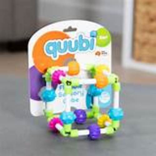 Quubi - A UNIQUE TACTILE DISCOVERY CUBE; Little ones can’t stop exploring! EACH EDGE IS CONNECTED BY ELASTIC BANDS; Bend and twist it while exploring rubbery textured beads!. PERFECT FOR AGES 6 MONTHS AND UP; BPA-free; Fully safety tested; Exceptionally durable. ENCOURAGES SENSORY LEARNING, TACTILE DEVELOPMENT; Strengthens fine motor skills. MEASURES 4 x 4 x 4 INCHES; Great for on-the-go; Frustration-free packaging.