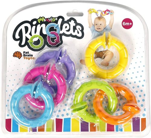 PipSquigz Ringlets - Set of 6 silicone rings with fun textures, suction cup connectors Encourages fine motor skills, sensory exploration, tactile learning Pull them apart to hear them POP Covered with exciting textures – Perfect for teething Connect them into a chain – Connect them to the stroller, car seat, anywhere! Includes 6 Ringlets, each a different color Ringlets each measure 3 inches in diameter Made entirely of 100% high-quality food-grade silicone – BPA-free High-quality construction – Lasting durability and safety.