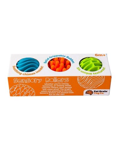 Sensory Rollers - THREE UNIQUELY TEXTURED SILICONE SPHERES with beautiful chimes hidden inside; cleverly captivating! EACH SPHERE FEATURES 2 UNIQUE TEXTURE PATTERNS; 6 textures to explore; chimes sing as they roll PERFECT FOR AGES 6 MONTHS TO 2 YEARS; made of food-grade silicone; BPA-free; safe for teething ENCOURAGES SENSORY EXPLORATION, tactile learning, chimes help teach cause-and-effect spheres each measure 2.5 inches in diameter; dishwasher safe.