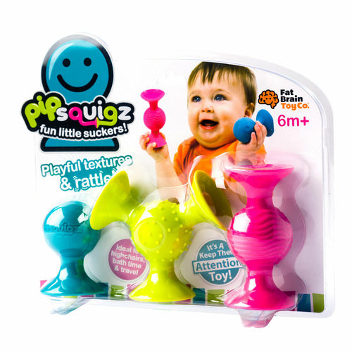 PipSquigz - The ultimate KEEP-THEIR-ATTENTION TOY! Includes 3 uniquely shaped pipSquigz made of high quality silicone; features suction cups that stick together and POP apart, fun rattle sounds, variety of textures, brilliant colors Push pipSquigz down on any smooth surface, watch baby explore and discover; perfect for the stroller, highchair, bathtub, and anywhere-travel; shapes can be tuggled, pushed, shaken, and pulled Ages 6 months plus; made of exceptionally durable, high quality silicone; easy to clean, dishwasher safe; BPA-free, perfectly safe for teething; tested to the highest safety standards Wavy ridges, bumps, debossed smiling face thrill baby’s sense of touch; “just right” rattles and POPPING suction cups engage the ears; chunky, easy-to-grab shapes inspire tactile and motor learning; bright, brilliant colors stimulate the eyes.