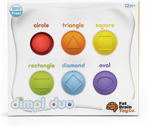 Dimpl Duo - Unique tablet featuring silicone buttons, textured shapes, and words written in Braille. Encourages sensory exploration, tactile learning, shape learning, colour learning, reading skills. On one side, buttons embossed with shapes, labelled with shape names in English and Braille. Other side – Buttons are smooth, colours labelled in English and Braille. Buttons are a delight to feel, push, and pop.