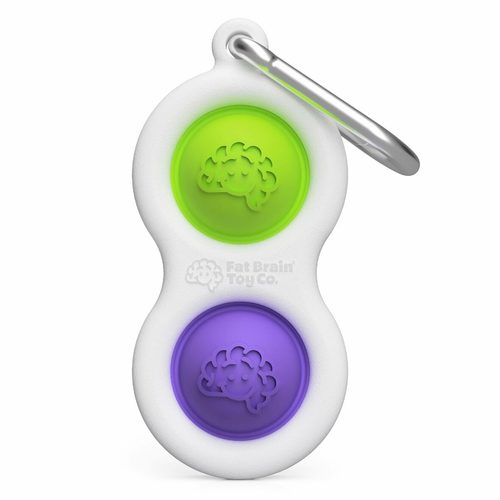 Simpl Dimpl (Green/purple) - A UNIQUE KEYCHAIN FEATURING SILICONE FIDGET BUTTONS; Endless hours of fidget fun! FIDGETY FINGERS CAN’T PUT IT DOWN! Mini clip easily attaches to keys, purse, backpack. GREAT FOR AGES 3 TO ADULT; Buttons made of food-grade silicone; Frame made of quality ABS plastic. ENCOURAGES TACTILE STIMULATION, calmness, concentration; A simple delight that’s hard to resist! AVAILABLE IN 4 COLOR COMBINATIONS; Frustration-free packaging.