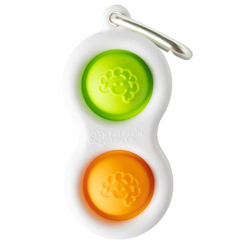 Simpl Dimpl (Green/Orange) - A UNIQUE KEYCHAIN FEATURING SILICONE FIDGET BUTTONS; Endless hours of fidget fun! FIDGETY FINGERS CAN’T PUT IT DOWN! Mini clip easily attaches to keys, purse, backpack. GREAT FOR AGES 3 TO ADULT; Buttons made of food-grade silicone; Frame made of quality ABS plastic. ENCOURAGES TACTILE STIMULATION, calmness, concentration; A simple delight that’s hard to resist! AVAILABLE IN 4 COLOR COMBINATIONS; Frustration-free packaging.