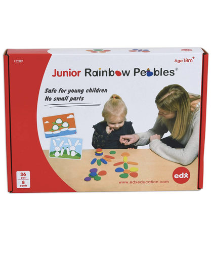 Junior Rainbow Pebbles - Young learners aged 18M+ will build their fine motor skills When stacking these odd-shaped, plastic pebbles. Encourage creativity or follow the life-size activity cards to create clever patterns and pictures. Sort and sequence these pebbles to develop early math skills. The smooth, warm texture of these pebbles will delight inquisitive hands. Includes 36 pieces: 3 shapes and 6 bright colors with 8 double-sided activity cards.