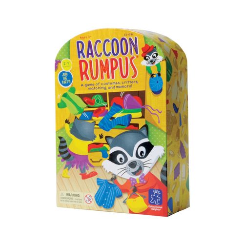 Raccoon Rumpus - Raccoons have raided your closet and they’re having a party! Help these masked bandits get dressed in a hilarious dice rolling, matching game.HOW TO PLAY: Roll the jumbo color die and costume die, and search the cards for a match. Find it and put it on your critter card. UH-OH if you roll the underwear, you lose all your costumes. The player that collects the most costumes wins INCLUDES: 4 raccoon cards, 20 costume cards, 1 jumbo color die, and 1 jumbo costume die 2 GAMES IN 1: After the matching game, turn all the cards over and play the Costume Memory GameThis Many Award-Winnings Game Suitable for 3 years and above.