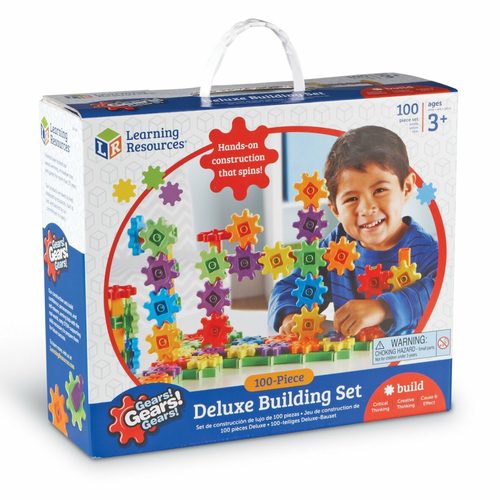 Gears Gears Gears Beginners Set - ENGAGE in spinning action to increase fine motor movement and enhance problem solving skills Easy to use, the interlocking gear pieces fit together in a snap, and can be built thousands of different ways. Ideal for helping children get a head start with STEM skills. All Gears! toys are designed to be open-ended to get kids imagining and creating. 46 Colorful gears (blue, green, orange, red, purple), 26 square pillars, 21 six-way axles, 6 interlocking bases, 1 crank handle, and activity guide Great for any toddler ages 3+