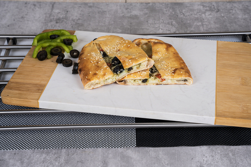 Oven Mix Kashkaval Cheese Pie - Zaatar, olives and tomato.