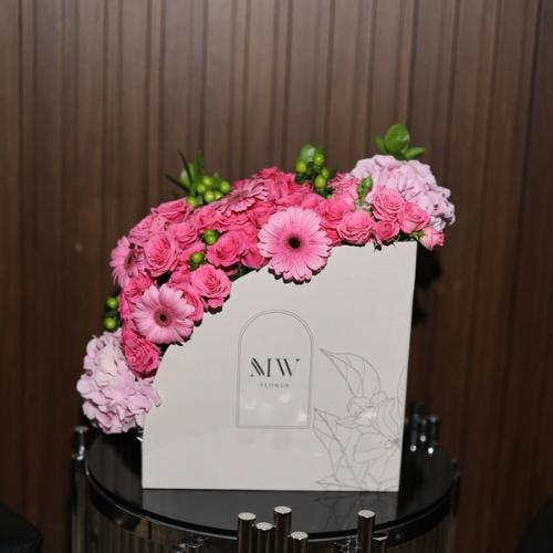 Hanay Box - Composed of pink baby rose, pink Daisy flowers, green ball, green leaf and hydrangea flower Kindly write a sentence on the card in the box below