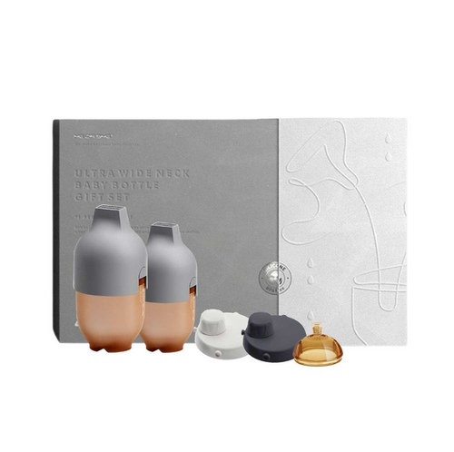 Gift Set Ultra Wide Neck Baby Bottle Premium - Premium Milk Bottle set come with:
5oz/160ml (original 0-3M teat) milk bottle with S-flow nipple 8oz/240ml (original 6M+ teat) milk bottle with X-flow nipple Replacement M Flow ni (3-6M teat) can be changed when the baby is three months old. Two Ultra Transform caps