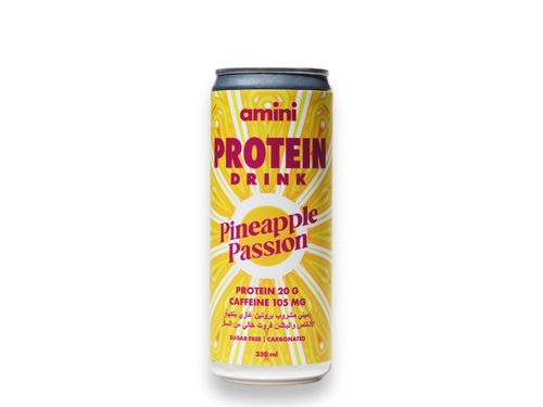 Amini Protein Carbonated Drink Pineapple Passion Sugar Free 330ml - Amini Protein Carbonated Drink Pineapple Passion Flavor 20 Grams of Protein/Can 105 Grams of Caffeine/Can Sugar Free Fat Free