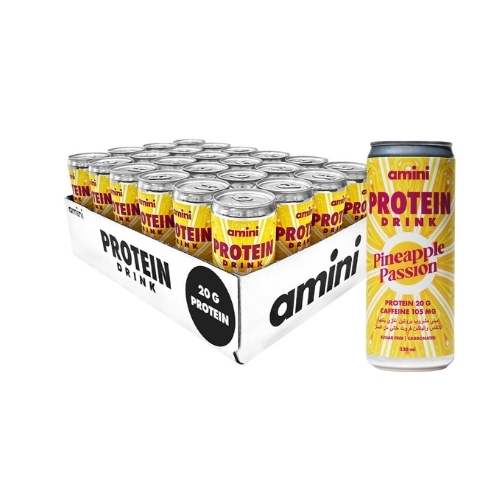 Amini Protein Carbonated Drink Pineapple Passion Sugar Free 330ml X 24 - Amini Protein Carbonated Drink Pineapple Passion Flavor 20 Grams of Protein/Can 105 Grams of Caffeine/Can Sugar Free Fat Free