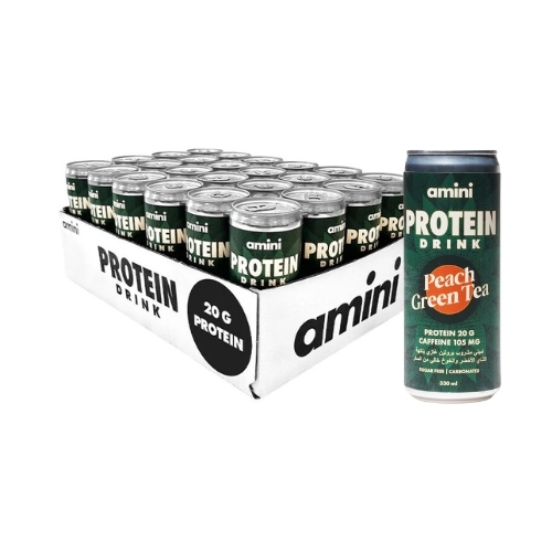 Amini Protein Carbonated Drink Peach Green Tea Sugar Free 330ml X 24 - Amini Protein Carbonated Drink Peach Green Tea Flavor 20 Grams of Protein/Can 105 Grams of Caffeine/Can Sugar Free Fat Free