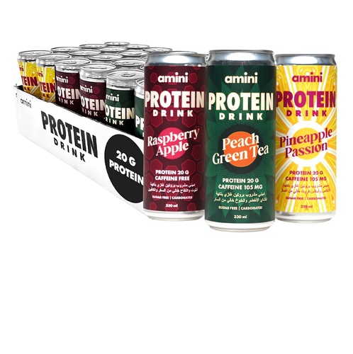 Amini Protein Carbonated Drink Mix Flavors Sugar Free 330ml X 24 - Amini Protein Carbonated Drink Peach Green Tea Flavor 8 x 330ml Raspberry Apple Flavor 8 x 330ml Pineapple Passion Flavor 8 x 330ml 20 Grams of Protein/Can Sugar Free Zero Fat Zero Carb