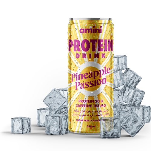 Amini Protein Carbonated Drink Pineapple Passion Sugar Free 330ml - Amini Protein Carbonated Drink Pineapple Passion Flavor 20 Grams of Protein/Can 105 Grams of Caffeine/Can Sugar Free Fat Free