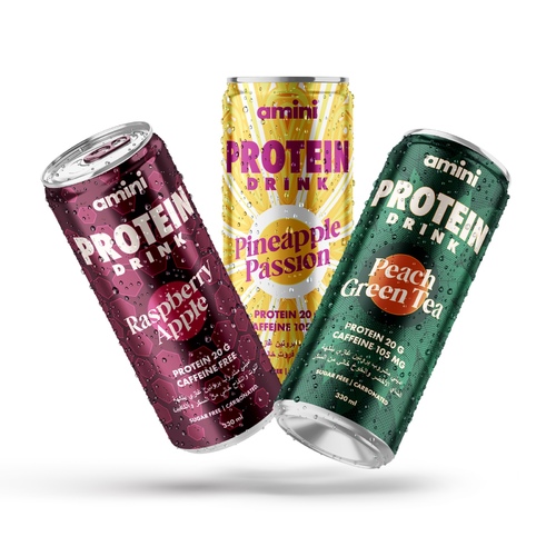 Carton 24 X 330ml Amini Protein Mix Flavors Sugar Free - Amini Protein Carbonated Drink Peach Green Tea Flavor 8 x 330ml Raspberry Apple Flavor 8 x 330ml Pineapple Passion Flavor 8 x 330ml 20 Grams of Protein/Can Sugar Free Zero Fat Zero Carb