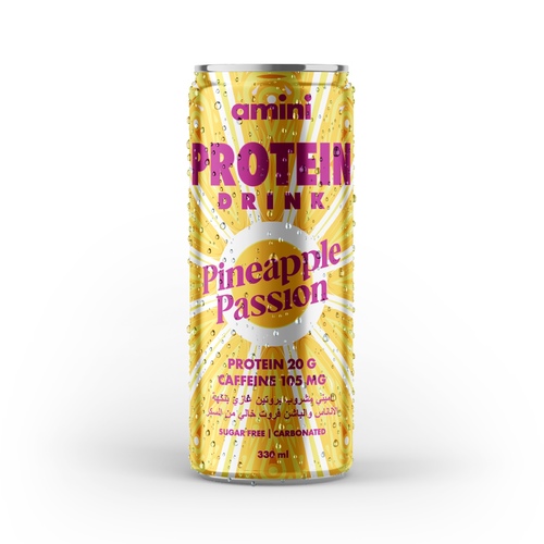Carton 24 X 330ml Amini Protein Carbonated Drink Pineapple Passion Sugar Free - Amini Protein Carbonated Drink Pineapple Passion Flavor 20 Grams of Protein/Can 105 Grams of Caffeine/Can Sugar Free Fat Free