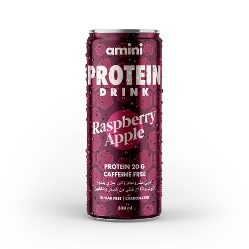 Carton 24 X 330ml Amini Protein Carbonated Drink Raspberry Apple Sugar Free - Amini Protein Carbonated Drink Raspberry Apple Flavor 20 Grams of Protein/Can Caffeine Free Sugar Free Fat Free