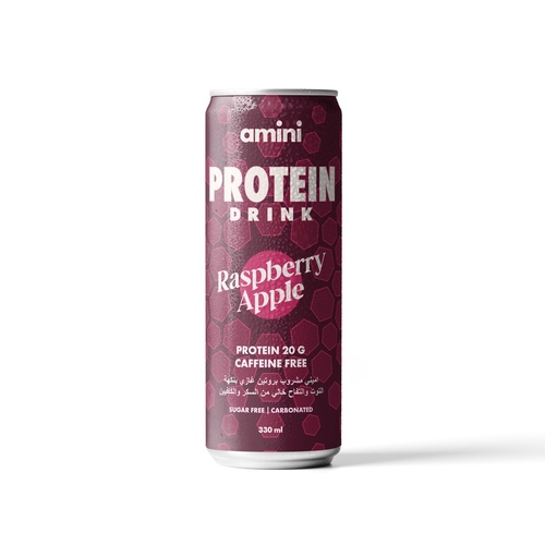 Carton 24 X 330ml Amini Protein Carbonated Drink Raspberry Apple Sugar Free - Amini Protein Carbonated Drink Raspberry Apple Flavor 20 Grams of Protein/Can Caffeine Free Sugar Free Fat Free