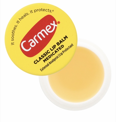 Products.Q8 co. - Carmex lip balm, round - Moisturizes, cures and protectsHelps relieve and treat lip sores and chapped lips Contains camphor which acts as an external analgesic