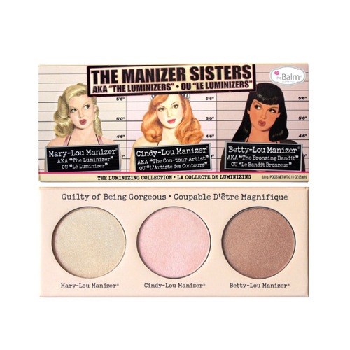 Products.Q8 co. - TheBalm cosmetics The Manizer Sisters Palette - This highlighter trio features 3 multi-tasking highlighters in the following shades : Mary-Lou Manizer, Cindy-Lou Manizer and Betty-Lou Manizer.