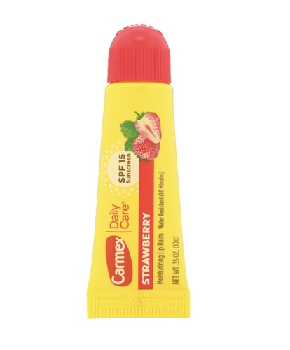 Products.Q8 co. - Carmex, Daily Care, Moisturizing Lip Balm, Strawberry, SPF 15 - DescriptionSPF 15 Sunscreen Water Resistant (80 Minutes) It Soothes. It Soothes. It Softens. Everyday Sun Protection & HydrationUsesHelps protect against sunburn Higher SPF gives more sunburn protectionSuggested UseApply liberally 15 minutes before sun exposure Reapply:  After 80 minutes of swimming or sweating Immediately after towel drying At least every 2 hours Children under 2 years of age: Ask a doctor